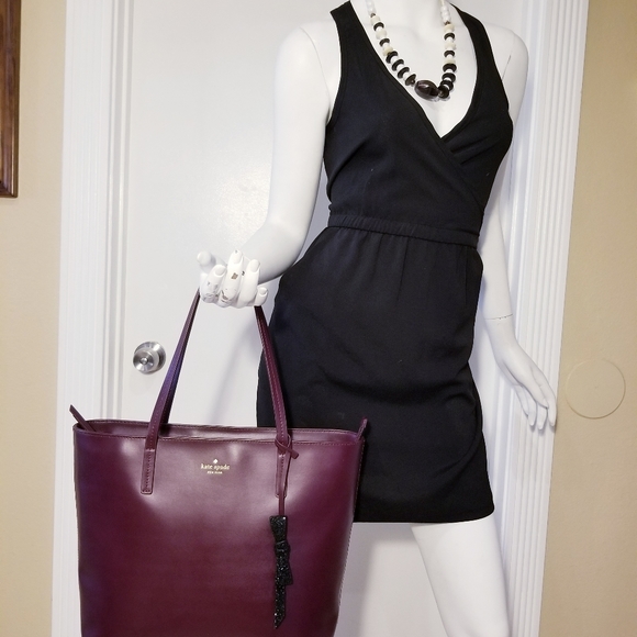 KATE SPADE NEW YORK MAROON TOTE SHOULDER BAG PURSE LEATHER LARGE BOW EUC - Picture 8 of 13